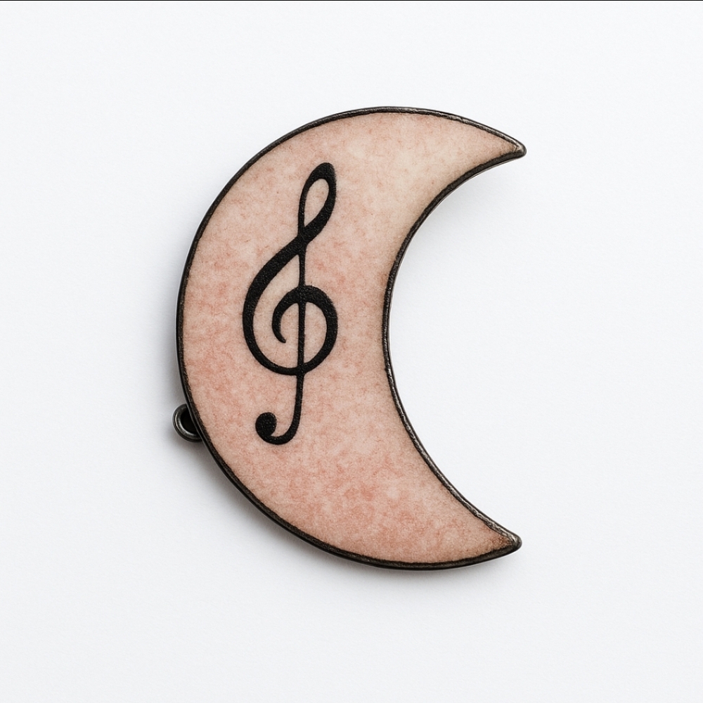 Vintage Crescent Moon Music Brooch  Pink Enamel Treble Clef Pin